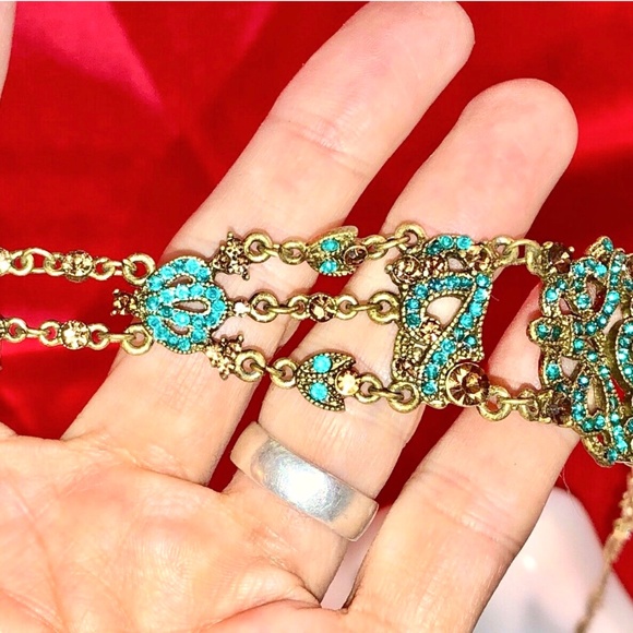 2003~VCLM Noblesse Austrian Crystal VTG Style Jade/Gold Choker Earrings Set NOS - Picture 7 of 11